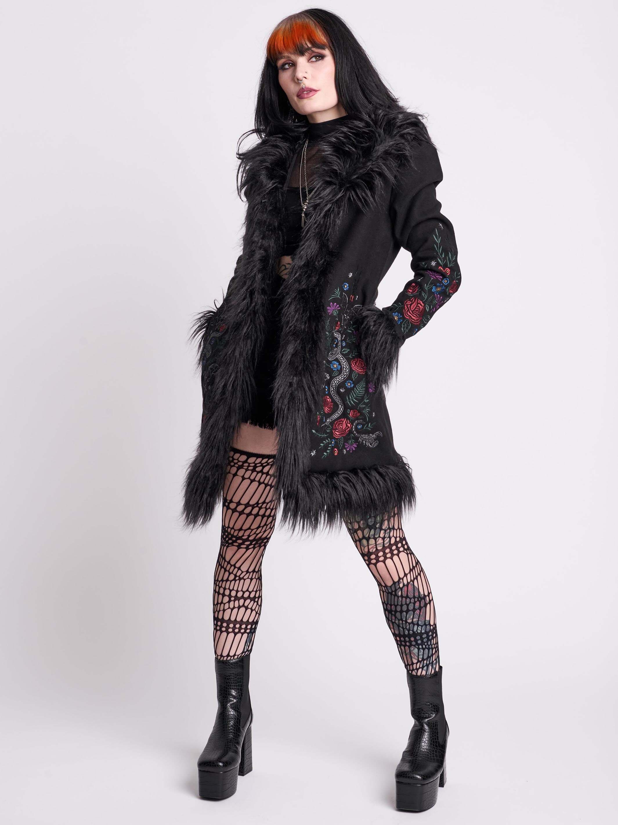 Botanical Fur Trim Coat - Image 5